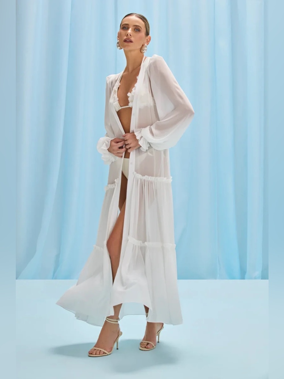 PatBO “Sunstone” ivory chiffon beach swim boho coverup maxi dress duster S